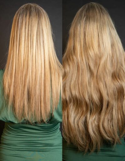 Vorher-Nachher-Vergleich einer Haarverlängerung mit DreamWefts Echthaar-Tressen bei einer Kundin mit blonden, glatten Haaren.